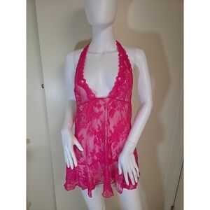 Y2K Victorias Secret Hot Pink Floral Lace Halter Babydoll Lingerie XL Open Back